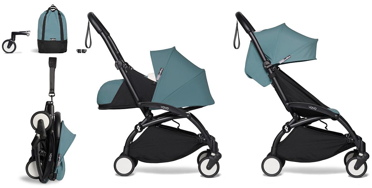 Babyzen YOYO2 Ultra Compact Complete 0+/6+ Stroller & Rolling Bag Bundle - Black/Aqua - 604502-0-6-RB-AQU