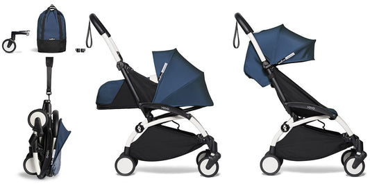 Babyzen YOYO2 Ultra Compact Complete 0+/6+ Stroller & Rolling Bag Bundle - White/Air France Blue - 604501-0-6-RB-AFB