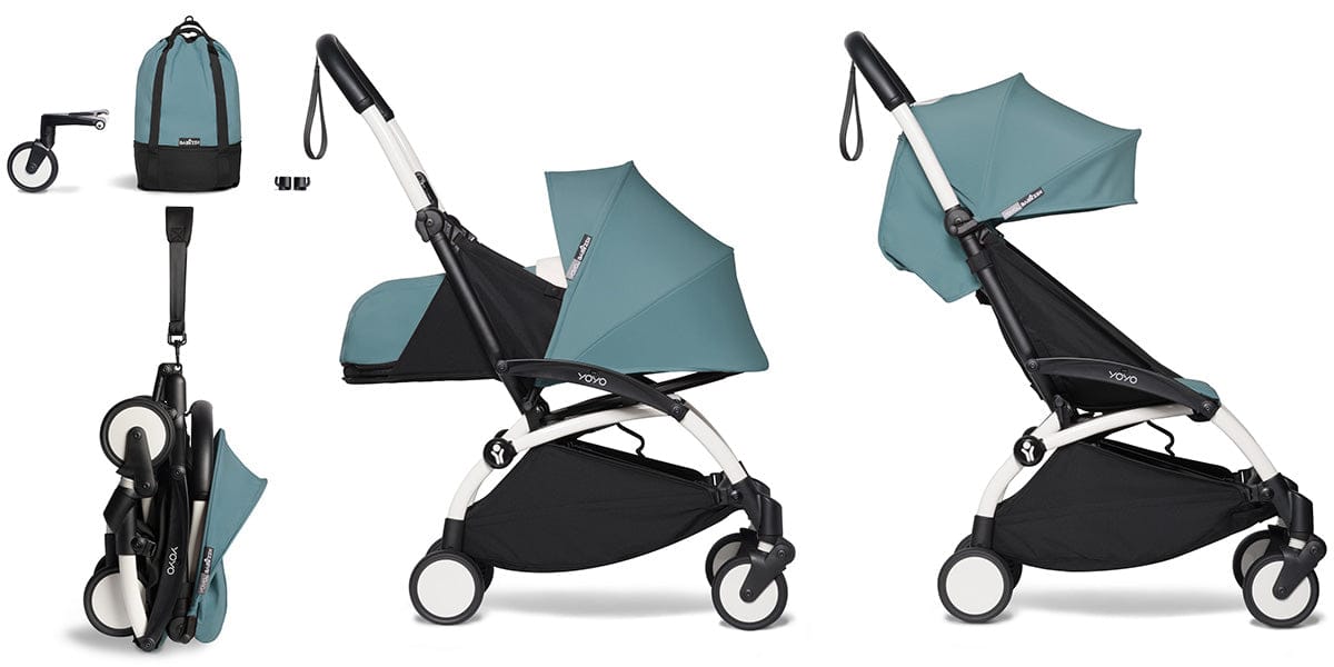 Babyzen YOYO2 Ultra Compact Complete 0+/6+ Stroller & Rolling Bag Bundle - White/Aqua - 604501-0-6-RB-AQU