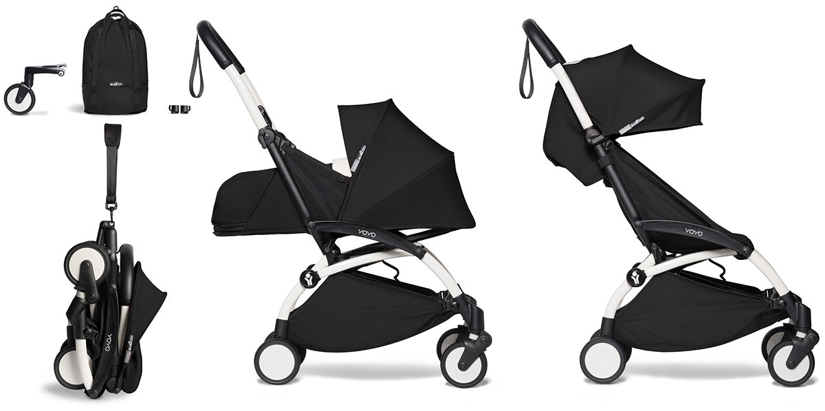 Babyzen YOYO2 Ultra Compact Complete 0+/6+ Stroller & Rolling Bag Bundle - White/Black - 604501-0-6-RB-BLK