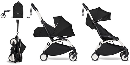Babyzen YOYO2 Ultra Compact Complete 0+/6+ Stroller & Rolling Bag Bundle - White/Black - 604501-0-6-RB-BLK