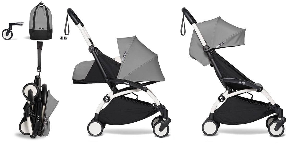 Babyzen YOYO2 Ultra Compact Complete 0+/6+ Stroller & Rolling Bag Bundle - White/Grey - 604501-0-6-RB-GRY