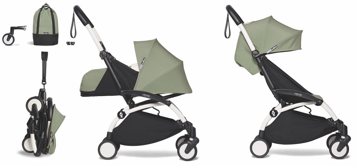 Babyzen YOYO2 Ultra Compact Complete 0+/6+ Stroller & Rolling Bag Bundle - White / Olive - 604501-0-6-RB-OLV