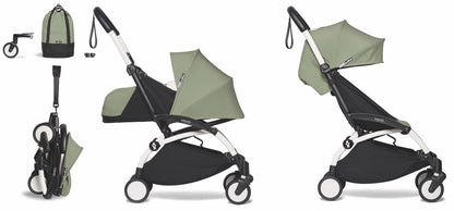 Babyzen YOYO2 Ultra Compact Complete 0+/6+ Stroller & Rolling Bag Bundle - White / Olive - 604501-0-6-RB-OLV