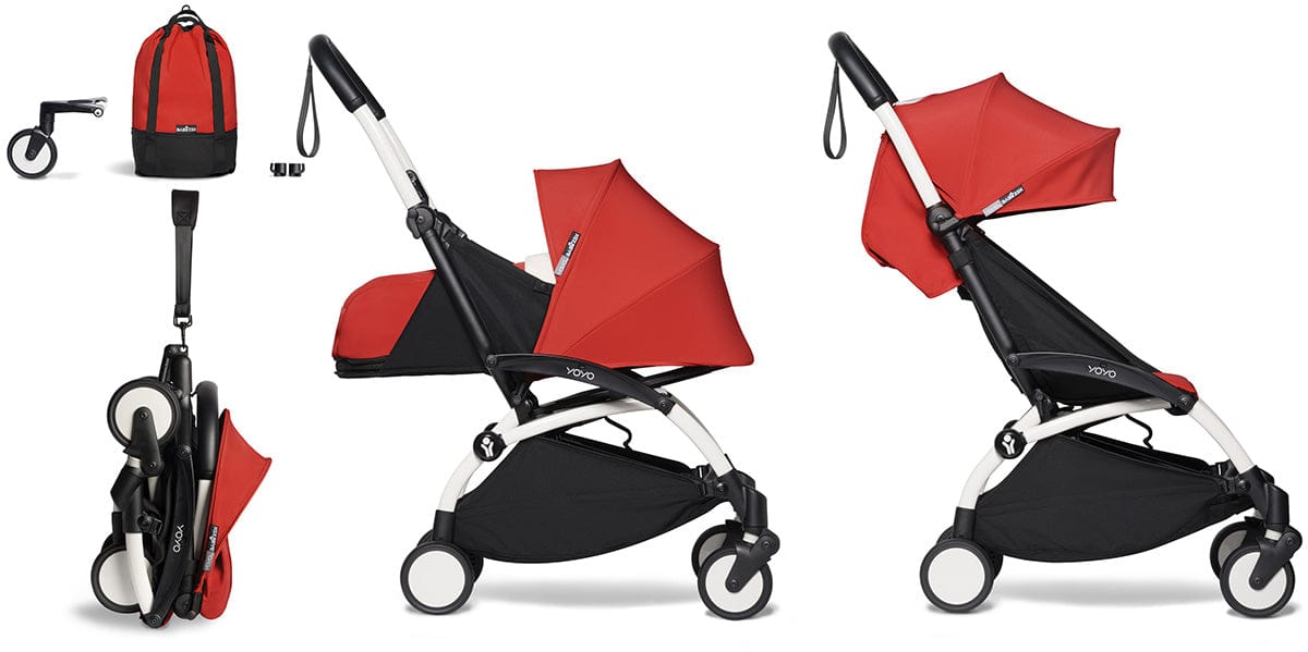 Babyzen YOYO2 Ultra Compact Complete 0+/6+ Stroller & Rolling Bag Bundle - White/Red - 604501-0-6-RB-RED