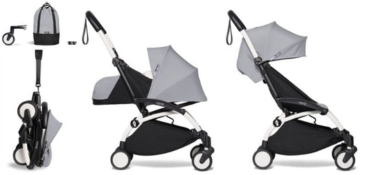 Babyzen YOYO2 Ultra Compact Complete 0+/6+ Stroller & Rolling Bag Bundle - White / Stone - 604501-0-6-RB-STN