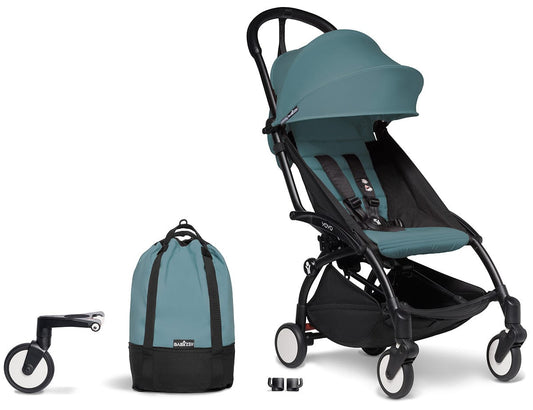 Babyzen YOYO2 Ultra Compact Complete 6+ Stroller & Rolling Bag Bundle - Black/Aqua - 604502-6-RB-AQU