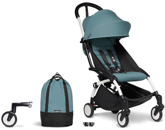 Babyzen YOYO2 Ultra Compact Complete 6+ Stroller & Rolling Bag Bundle - White/Aqua - 604501-6-RB-AQU