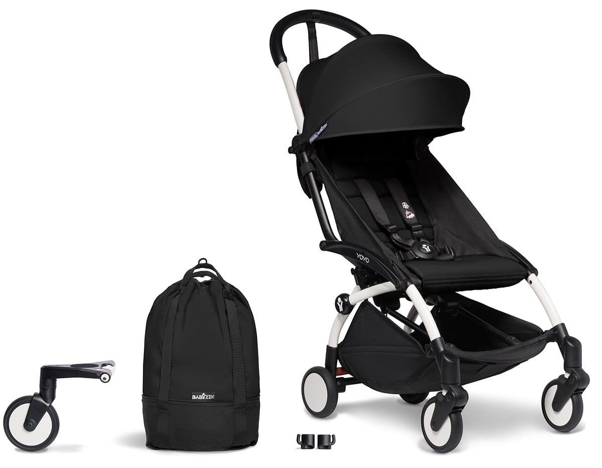 Babyzen YOYO2 Ultra Compact Complete 6+ Stroller & Rolling Bag Bundle - White/Black - 604501-6-RB-BLK