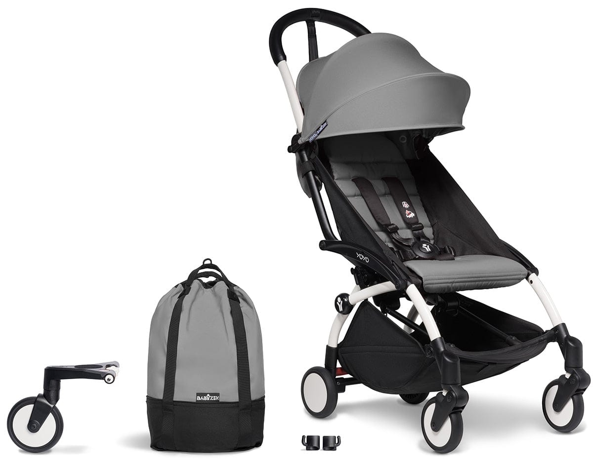 Babyzen YOYO2 Ultra Compact Complete 6+ Stroller & Rolling Bag Bundle - White/Grey - 604501-6-RB-GRY