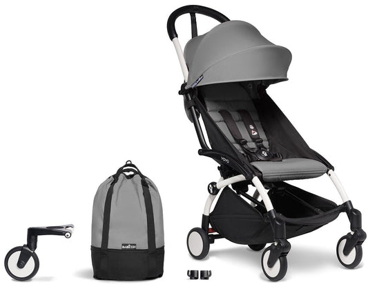 Babyzen YOYO2 Ultra Compact Complete 6+ Stroller & Rolling Bag Bundle - White/Grey - 604501-6-RB-GRY