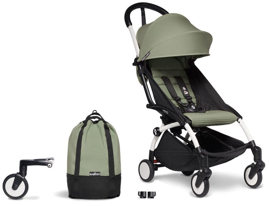 Babyzen YOYO2 Ultra Compact Complete 6+ Stroller & Rolling Bag Bundle - White / Olive - 604501-6-RB-OLV