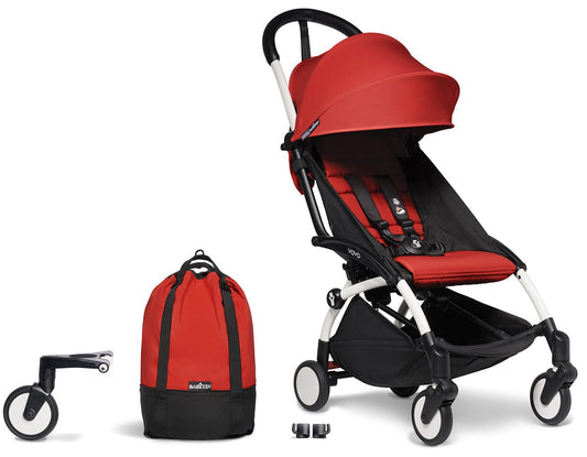 Babyzen YOYO2 Ultra Compact Complete 6+ Stroller & Rolling Bag Bundle - White/Red - 604501-6-RB-RED