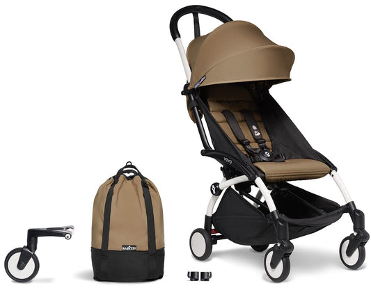 Babyzen YOYO2 Ultra Compact Complete 6+ Stroller & Rolling Bag Bundle - White/Toffee - 604501-6-RB-TOF