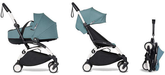 Babyzen YOYO2 Ultra Compact Complete 6+ Stroller with Bassinet Bundle - White/Aqua - 604501-605109-6-AQU