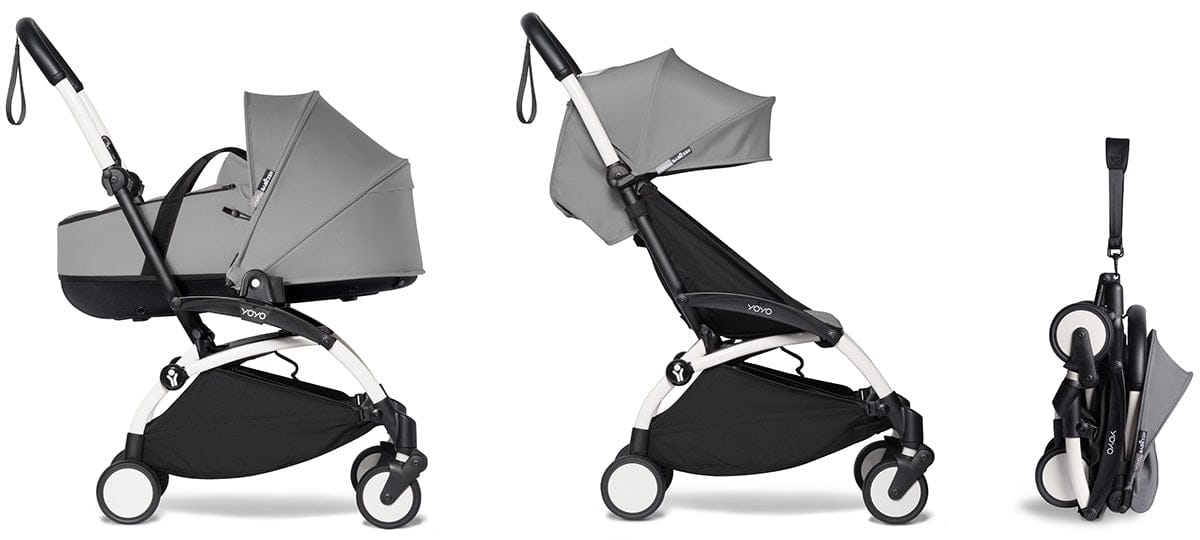 Babyzen YOYO2 Ultra Compact Complete 6+ Stroller with Bassinet Bundle - White/Grey - 604501-605101-6-GRY