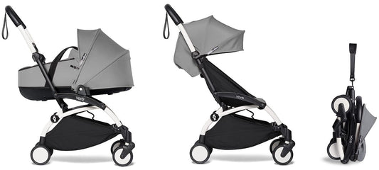 Babyzen YOYO2 Ultra Compact Complete 6+ Stroller with Bassinet Bundle - White/Grey - 604501-605101-6-GRY