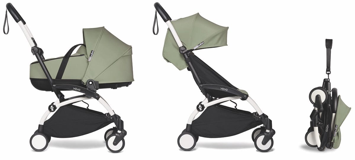 Babyzen YOYO2 Ultra Compact Complete 6+ Stroller with Bassinet Bundle - White / Olive - 604501-605111-6-OLV