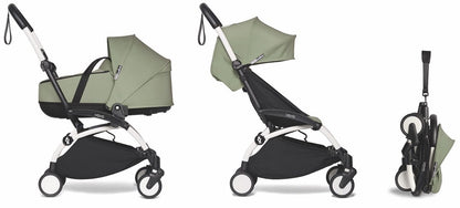 Babyzen YOYO2 Ultra Compact Complete 6+ Stroller with Bassinet Bundle - White / Olive - 604501-605111-6-OLV