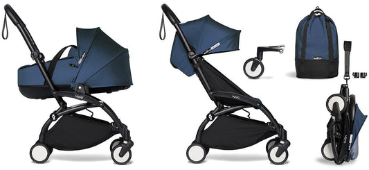 Babyzen YOYO2 Ultra Compact Complete 6+ Stroller with Bassinet & Rolling Bag Bundle - Black/Air France Blue - 604502-605107-6-RB-AFB
