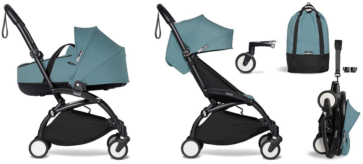 Babyzen YOYO2 Ultra Compact Complete 6+ Stroller with Bassinet & Rolling Bag Bundle - Black/Aqua - 604502-605109-6-RB-AQU