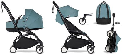 Babyzen YOYO2 Ultra Compact Complete 6+ Stroller with Bassinet & Rolling Bag Bundle - Black/Aqua - 604502-605109-6-RB-AQU