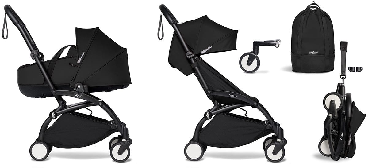 Babyzen YOYO2 Ultra Compact Complete 6+ Stroller with Bassinet & Rolling Bag Bundle - Black/Black - 604502-605103-6-RB-BLK