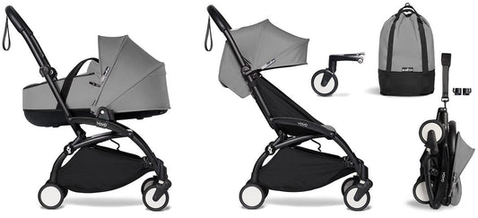 Babyzen YOYO2 Ultra Compact Complete 6+ Stroller with Bassinet & Rolling Bag Bundle - Black/Grey - 604502-605101-6-RB-GRY