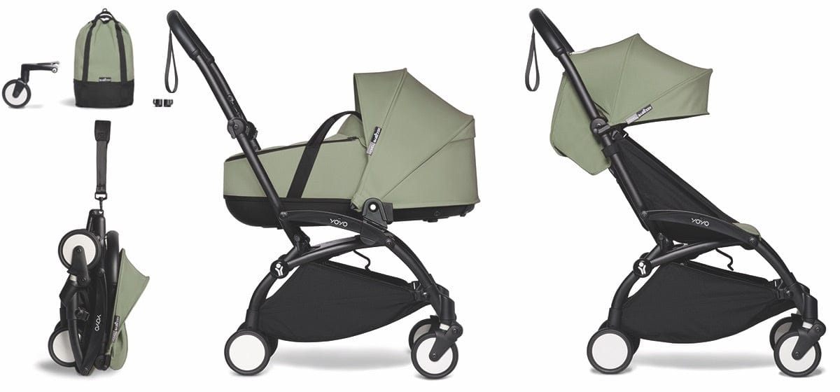 Babyzen YOYO2 Ultra Compact Complete 6+ Stroller with Bassinet & Rolling Bag Bundle - Black / Olive - 604502-605111-6-RB-OLV