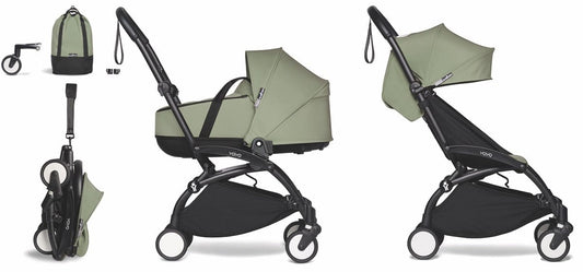 Babyzen YOYO2 Ultra Compact Complete 6+ Stroller with Bassinet & Rolling Bag Bundle - Black / Olive - 604502-605111-6-RB-OLV