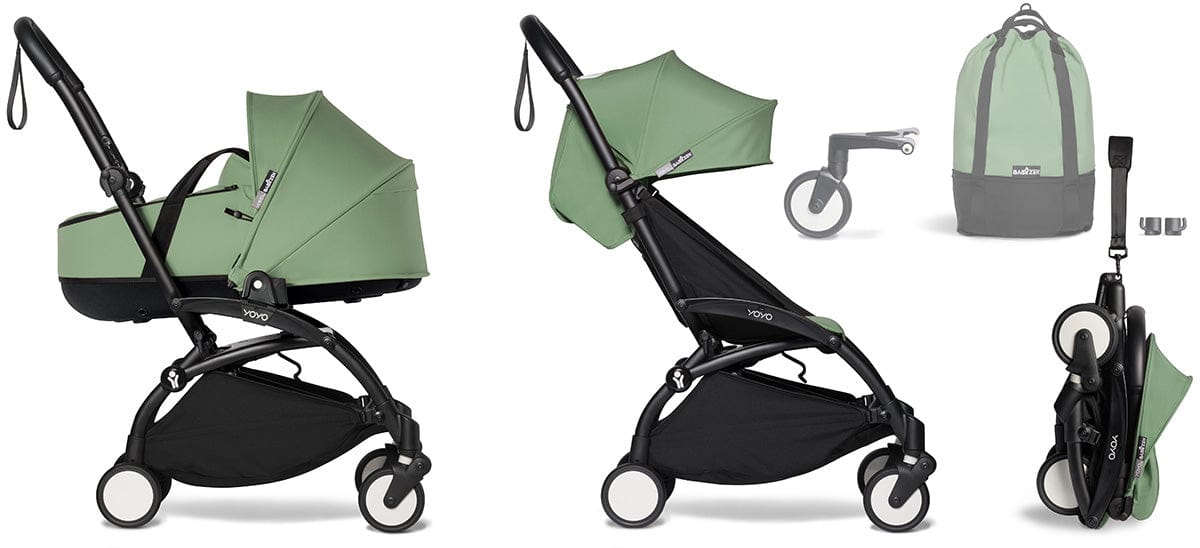 Babyzen YOYO2 Ultra Compact Complete 6+ Stroller with Bassinet & Rolling Bag Bundle - Black/Peppermint - 604502-605105-6-RB-PEP