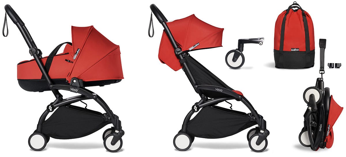 Babyzen YOYO2 Ultra Compact Complete 6+ Stroller with Bassinet & Rolling Bag Bundle - Black/Red - 604502-605102-6-RB-RED