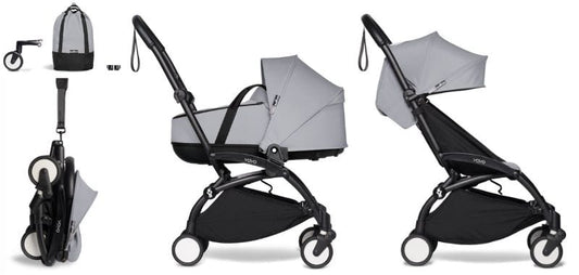 Babyzen YOYO2 Ultra Compact Complete 6+ Stroller with Bassinet & Rolling Bag Bundle - Black / Stone - 604502-605110-6-RB-STN