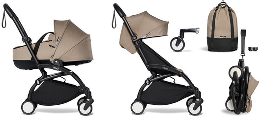 Babyzen YOYO2 Ultra Compact Complete 6+ Stroller with Bassinet & Rolling Bag Bundle - Black/Taupe - 604502-605104-6-RB-TPE
