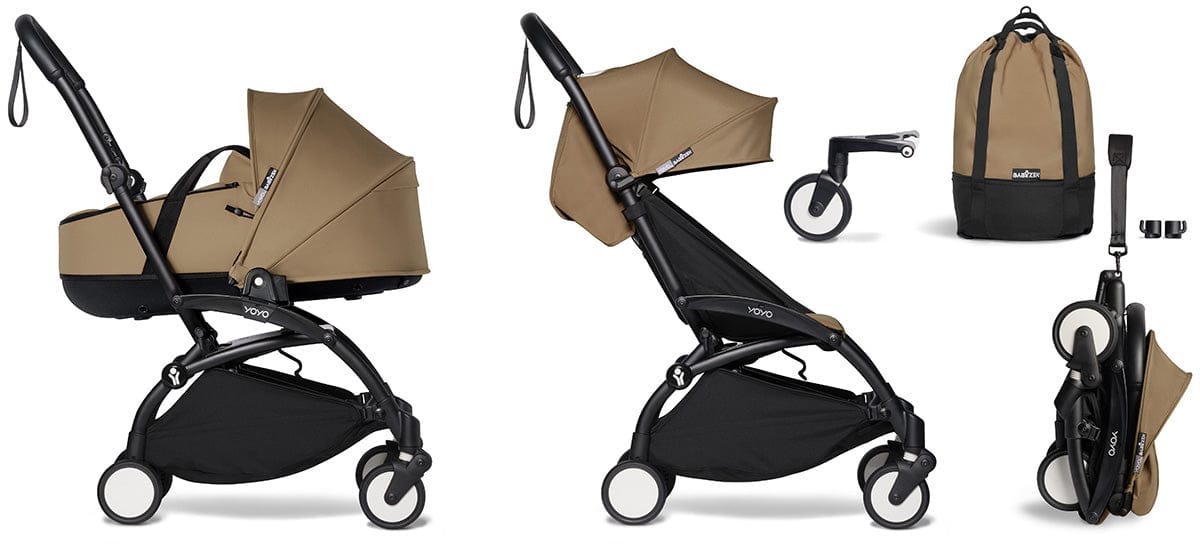 Babyzen YOYO2 Ultra Compact Complete 6+ Stroller with Bassinet & Rolling Bag Bundle - Black/Toffee - 604502-605108-6-RB-TOF