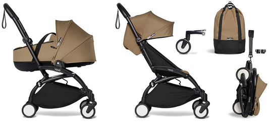 Babyzen YOYO2 Ultra Compact Complete 6+ Stroller with Bassinet & Rolling Bag Bundle - Black/Toffee - 604502-605108-6-RB-TOF