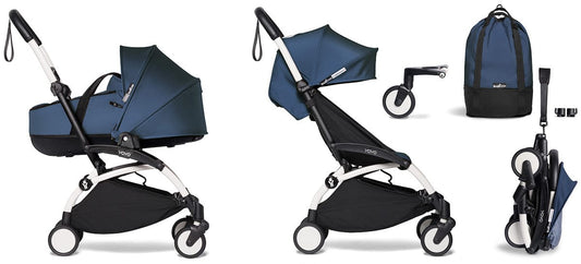 Babyzen YOYO2 Ultra Compact Complete 6+ Stroller with Bassinet & Rolling Bag Bundle - White/Air France Blue - 604501-605107-6-RB-AFB