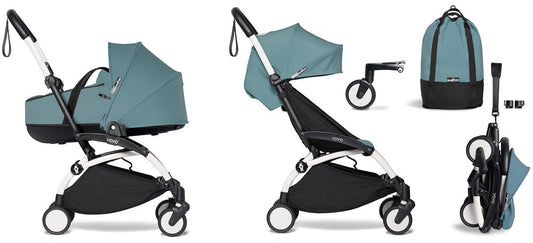 Babyzen YOYO2 Ultra Compact Complete 6+ Stroller with Bassinet & Rolling Bag Bundle - White/Aqua - 604501-605109-6-RB-AQU