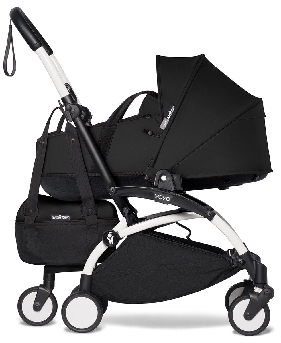 Babyzen YOYO2 Ultra Compact Complete 6+ Stroller with Bassinet & Rolling Bag Bundle - White/Black - 604501-605103-6-RB-BLK