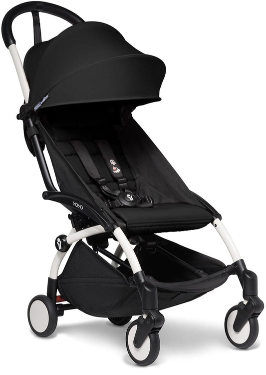 Babyzen YOYO2 Ultra Compact Complete 6+ Stroller with Bassinet & Rolling Bag Bundle - White/Black - 604501-605103-6-RB-BLK