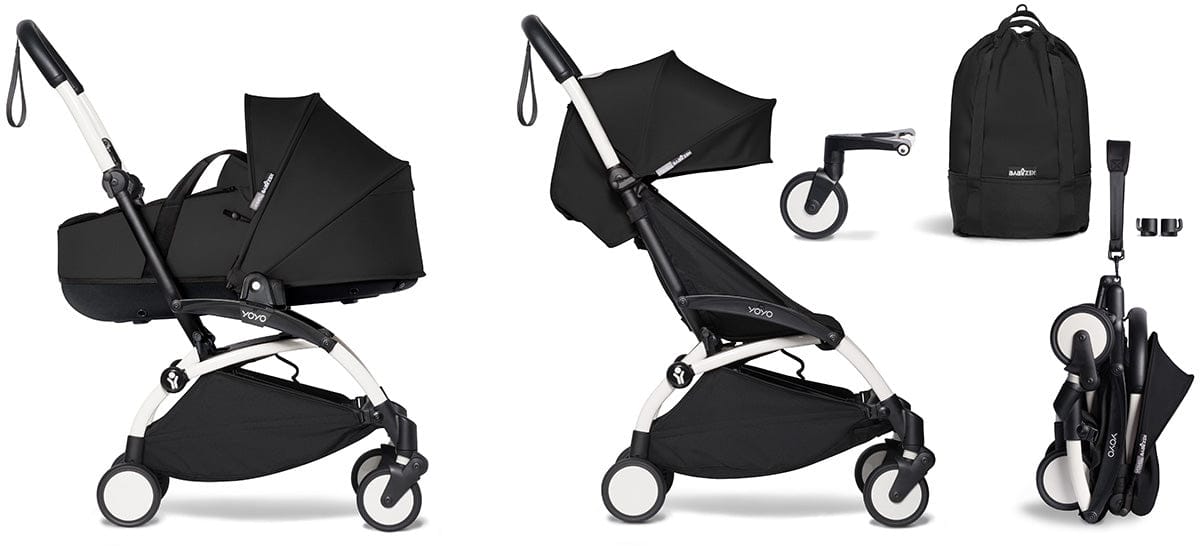 Babyzen YOYO2 Ultra Compact Complete 6+ Stroller with Bassinet & Rolling Bag Bundle - White/Black - 604501-605103-6-RB-BLK