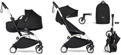 Babyzen YOYO2 Ultra Compact Complete 6+ Stroller with Bassinet & Rolling Bag Bundle - White/Black - 604501-605103-6-RB-BLK