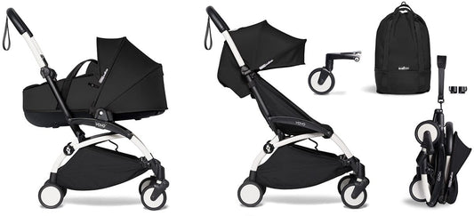 Babyzen YOYO2 Ultra Compact Complete 6+ Stroller with Bassinet & Rolling Bag Bundle - White/Black - 604501-605103-6-RB-BLK