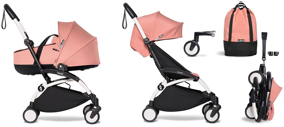 Babyzen YOYO2 Ultra Compact Complete 6+ Stroller with Bassinet & Rolling Bag Bundle - White/Ginger - 604501-605106-6-RB-GIN