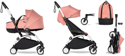 Babyzen YOYO2 Ultra Compact Complete 6+ Stroller with Bassinet & Rolling Bag Bundle - White/Ginger - 604501-605106-6-RB-GIN