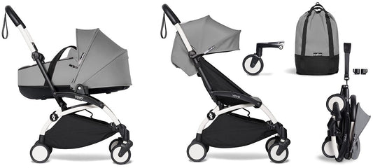 Babyzen YOYO2 Ultra Compact Complete 6+ Stroller with Bassinet & Rolling Bag Bundle - White/Grey - 604501-605101-6-RB-GRY