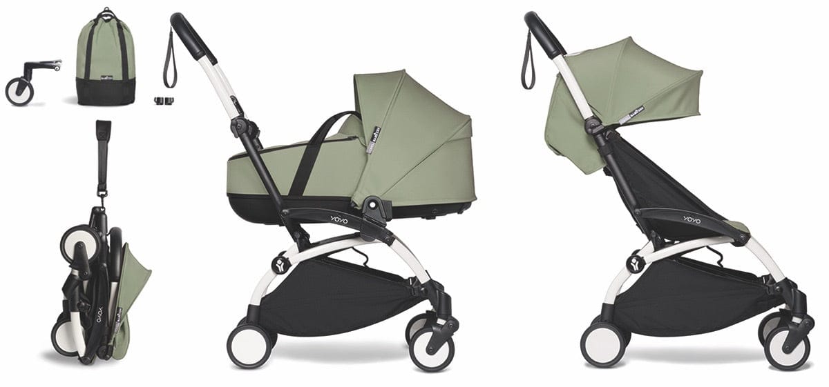 Babyzen YOYO2 Ultra Compact Complete 6+ Stroller with Bassinet & Rolling Bag Bundle - White / Olive - 604501-605111-6-RB-OLV