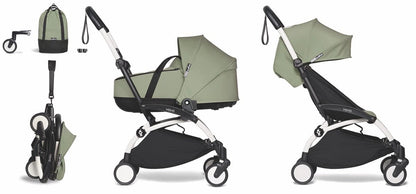 Babyzen YOYO2 Ultra Compact Complete 6+ Stroller with Bassinet & Rolling Bag Bundle - White / Olive - 604501-605111-6-RB-OLV