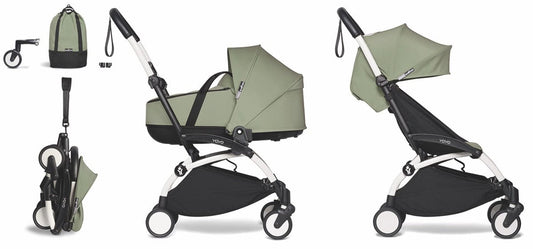 Babyzen YOYO2 Ultra Compact Complete 6+ Stroller with Bassinet & Rolling Bag Bundle - White / Olive