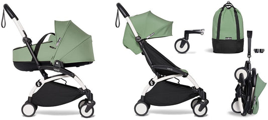 Babyzen YOYO2 Ultra Compact Complete 6+ Stroller with Bassinet & Rolling Bag Bundle - White/Peppermint - 604501-605105-6-RB-PEP